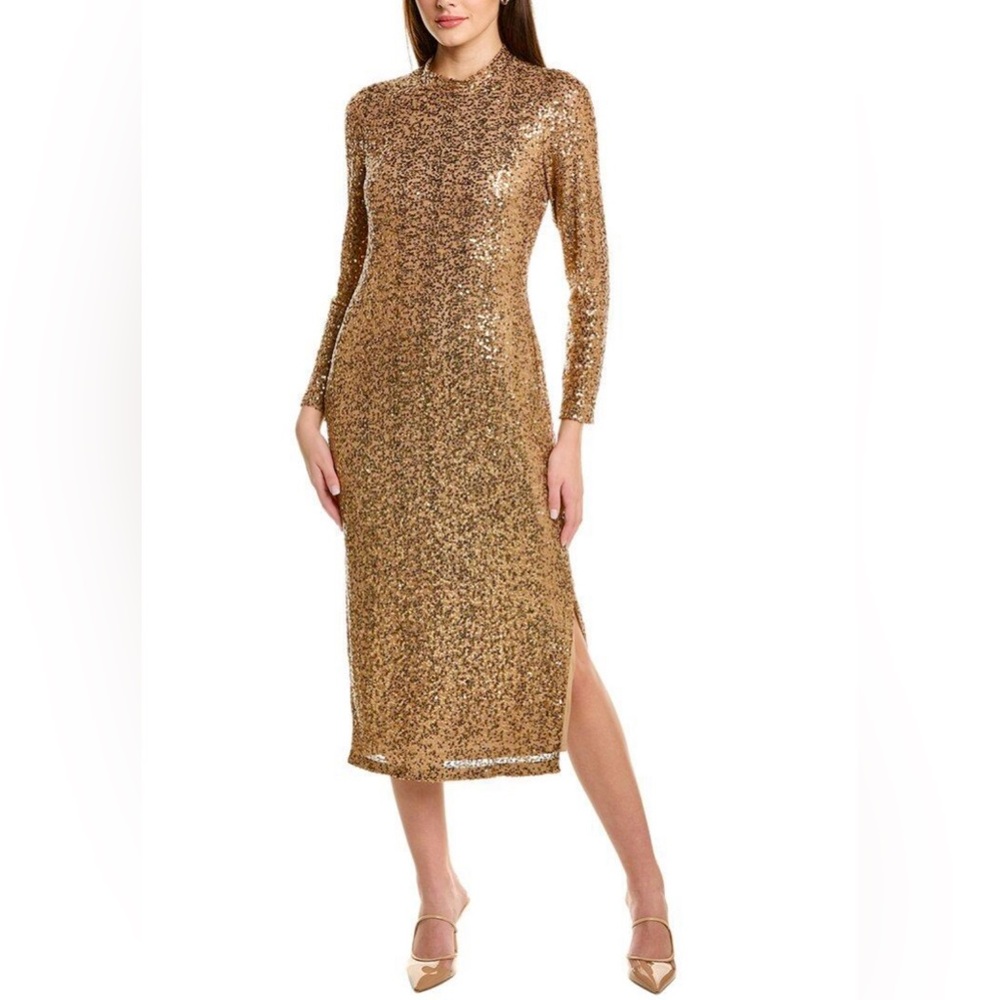 ANNE KLEIN Sequin Mock Neck Long Sleeve Midi Gold Dress